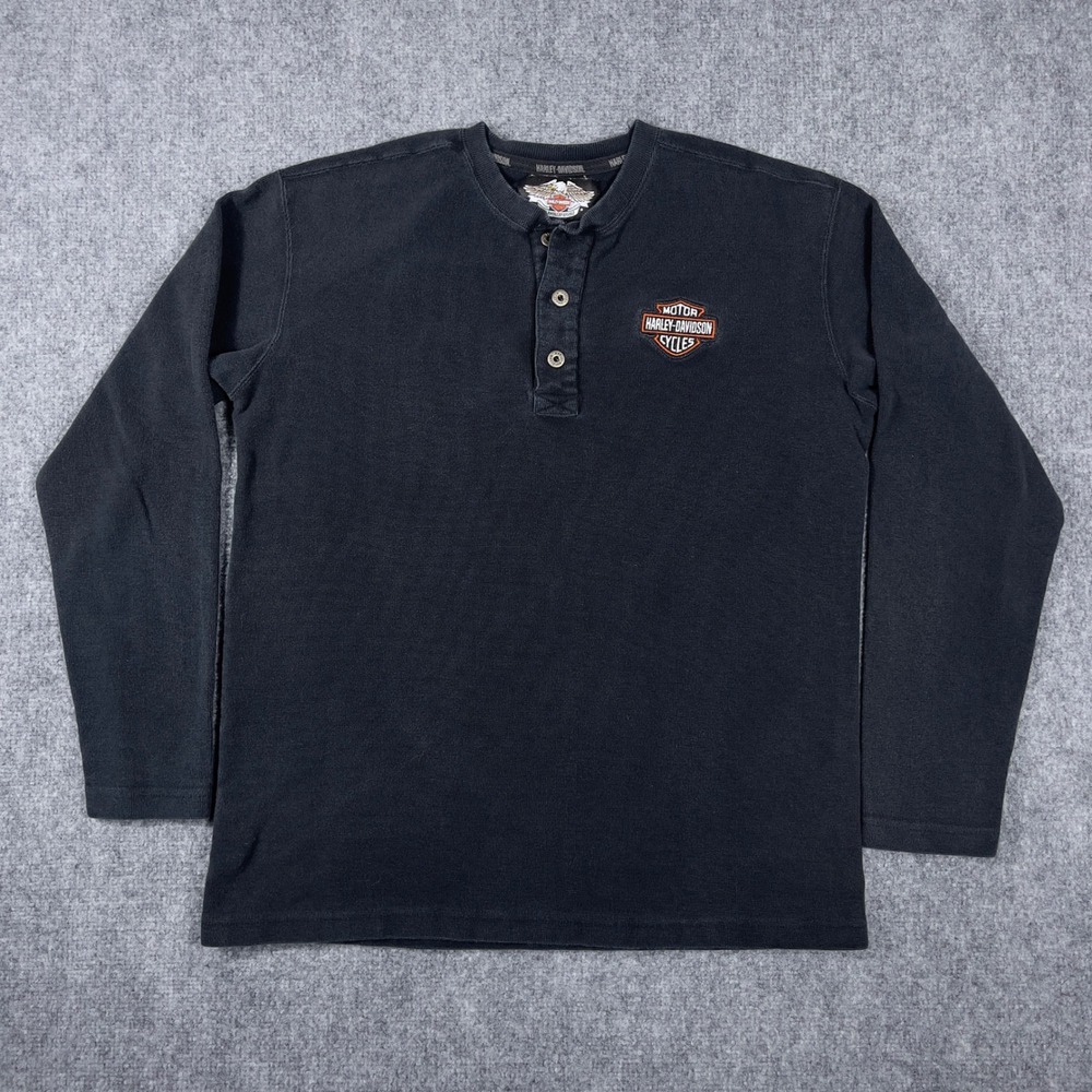 Y2K Harley-Davidson Henley Shirt Mens Medium Black Long Sleeve Waffle Knit Logo